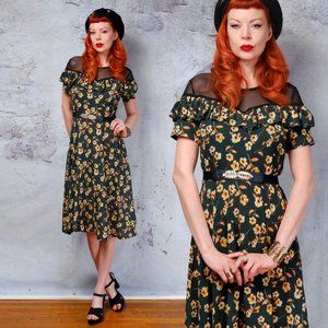 Green floral sheer neckline rockabilly dress 1950s